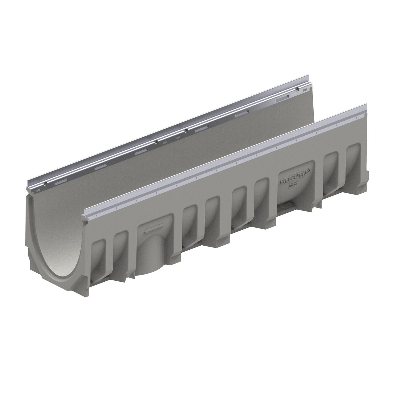 The female interlocking end of the constant depth channel 0 BG-FILCOTEN® by NDS® pro V 200 Trench Channel Drain with Galvanized Steel Rails, an 8 in. wide trench drain with high-load capacity made of high-performance concrete (HPC)