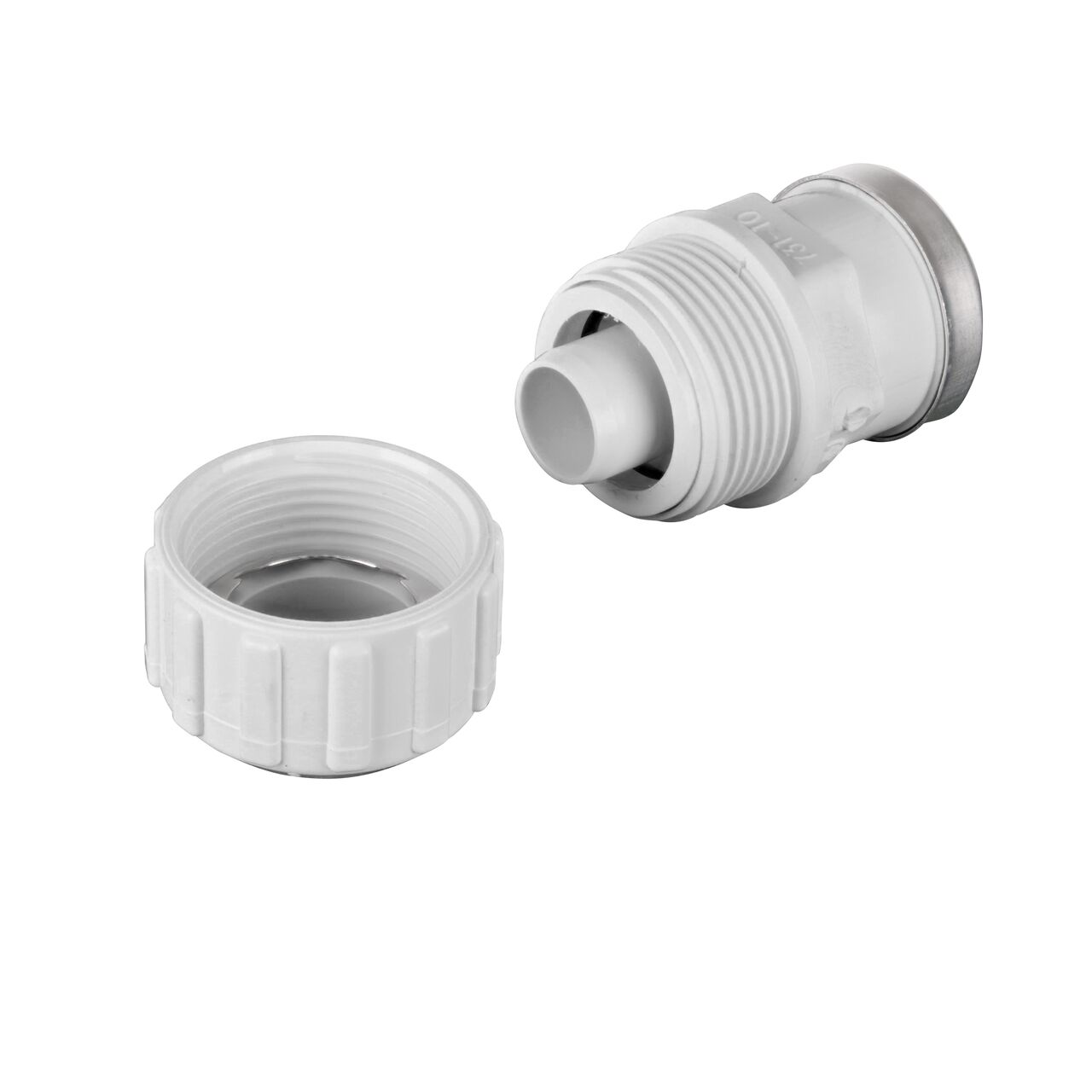 Unassembled NDS 1 in. SDR-9 CTS X 1 in. FPT Flo-Lock™ Gripper Adapter showing where the two ends come apart to secure the adapter to the pipe (NDS 731-10)