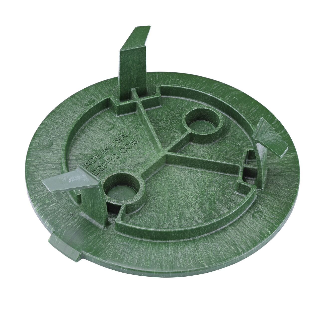 Angled view of the bottom of 6 in. Round SureFit Universal Valve Box Lid with SnapLock technology; prongs grab securely to a variety of different brand's boxes (NDS 6RND-UC)