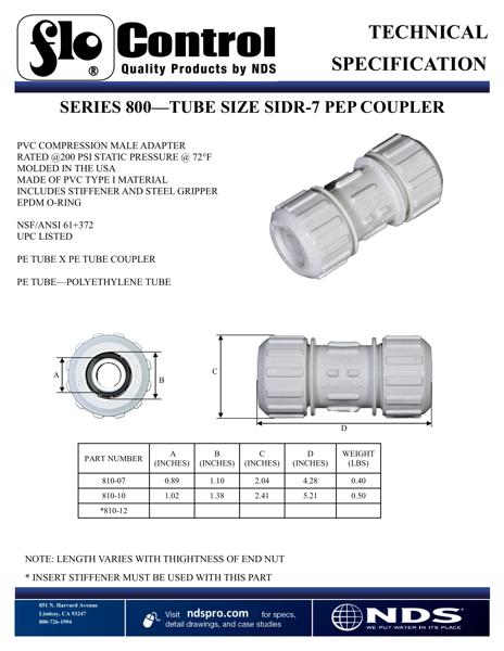 NDS Flo-Lock™ PVC Gripper Coupling for PE Pipe, SIDR-7, Tech Spec