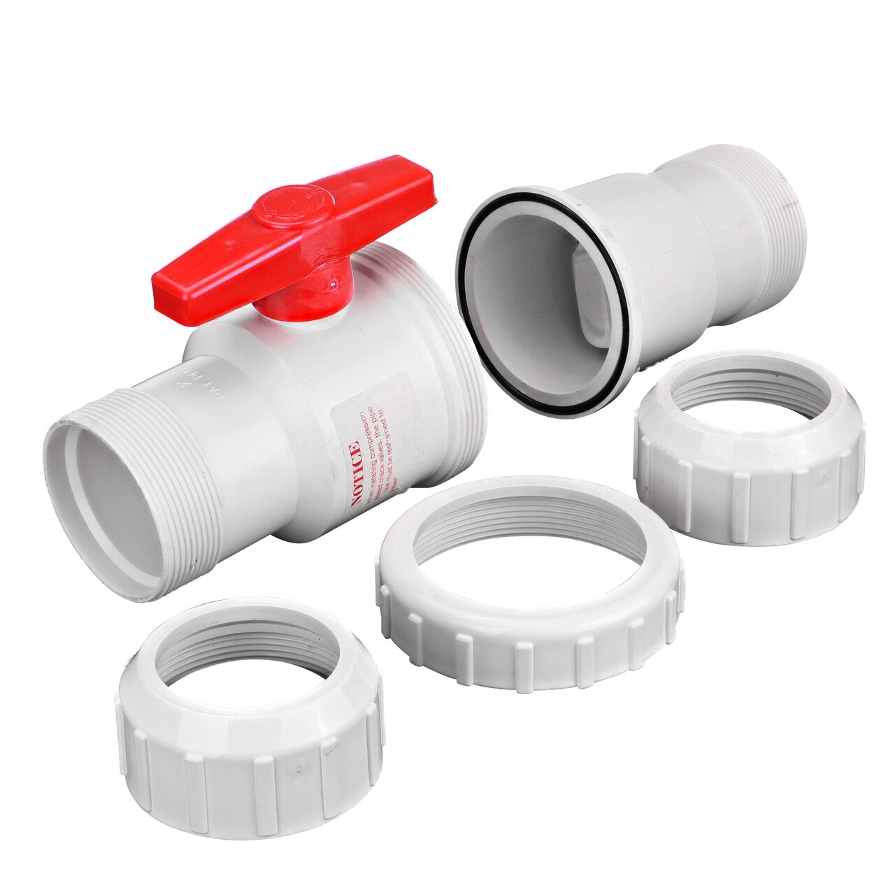 Unassembled from outlet end showing seals on the NDS White 2 in, IPS UC X UC Checkmate PVC Swing Check and Ball Valve Combination (NDS 2200-20UC)