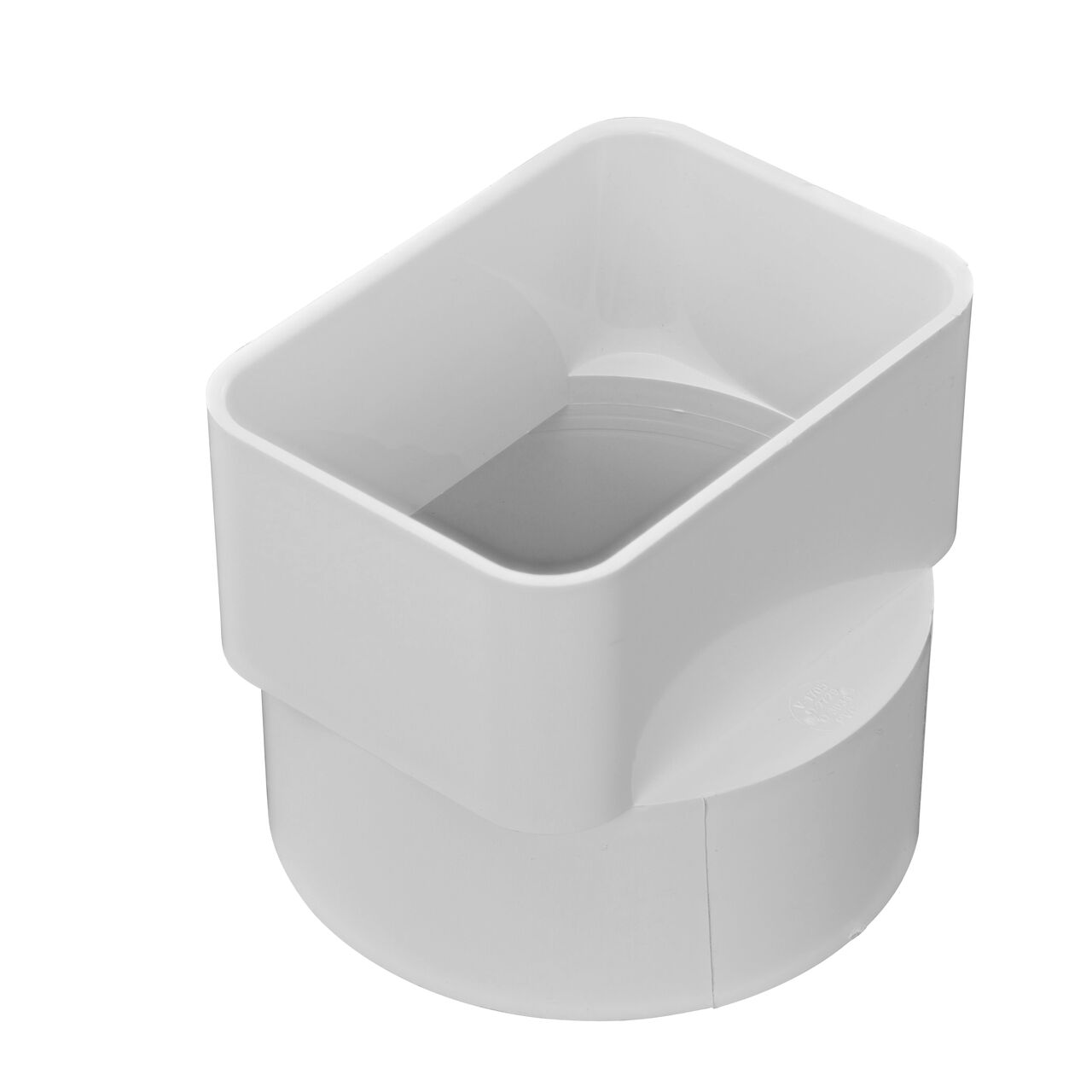 The PVC downspout adapter, connects 3X4 in. Downspout to 4 in. S&D Hub (NDS 9P06, NDS 906G*)
