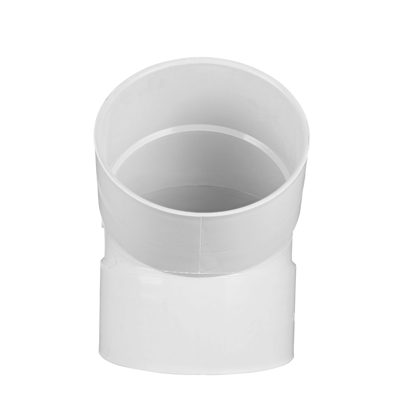 Side view of one of the openings of the PVC 45° elbow, which connects 8 in. Sewer and Drain pipes, Hub X Hub connection (NDS 8P03)