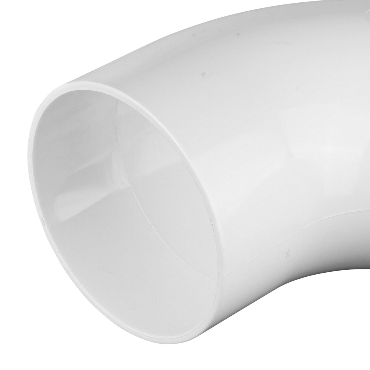 Closeup of the hub end of the PVC 90° long-turn street elbow; connects 4 in. Hub to Spt (NDS 41P0ST, NDS 41P0ST*, NDS L41P0ST, NDS M41P0ST)