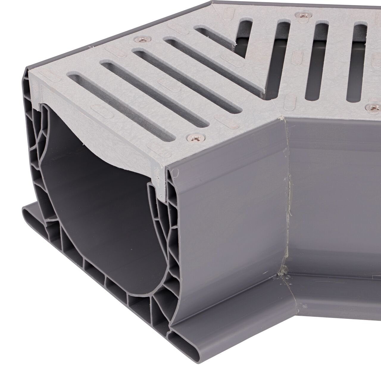 Closeup view of the end grate and drain combo on the gray NDS Spee-D® Channel Drain and Grate with 45° Elbow (NDS 2301)