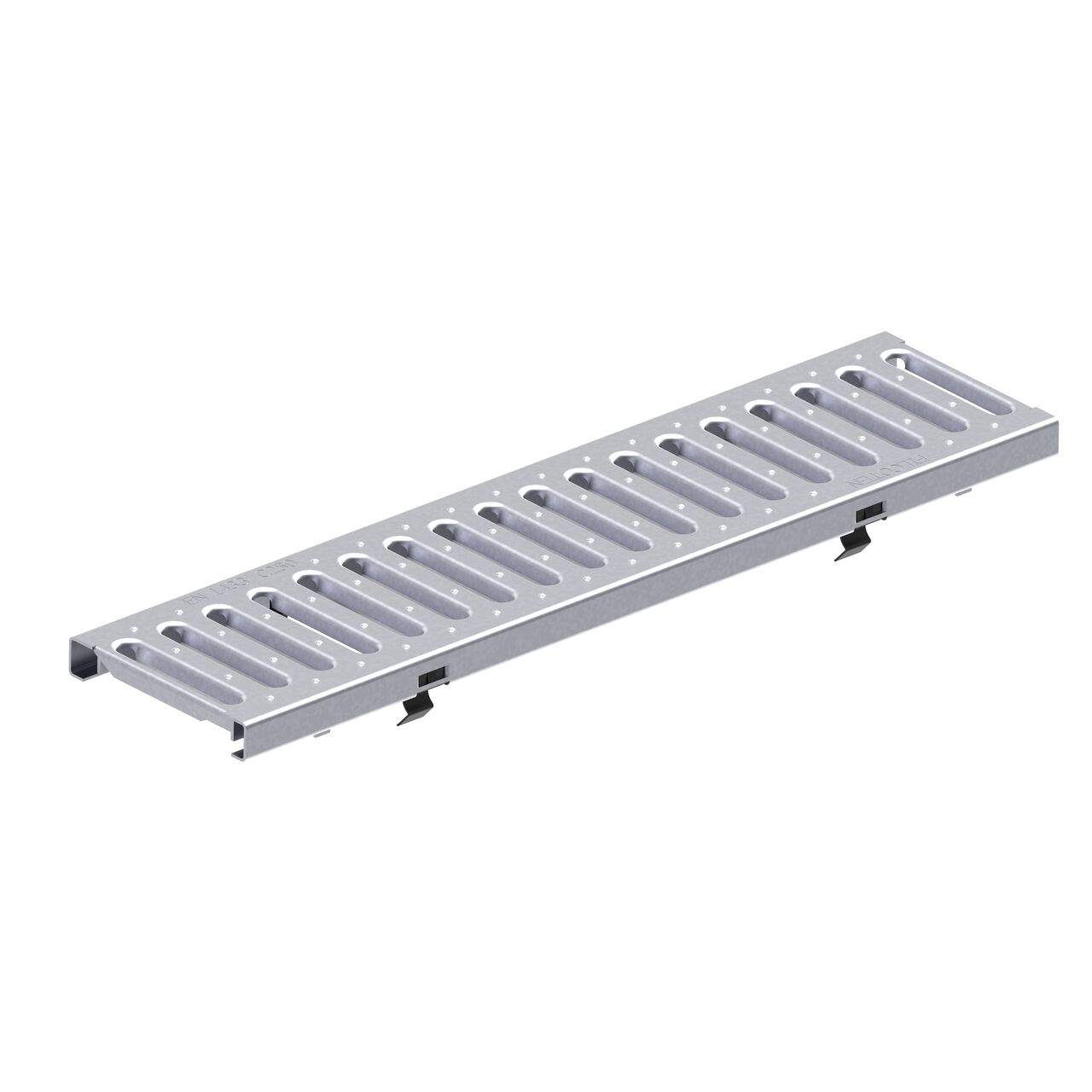 Two class C slotted galvanized steel BG-FILCOTEN® 100 Trench Drain Grate (NDS 17010207) fits on one BG-FILCOTEN® 100 Trench Channel Drain