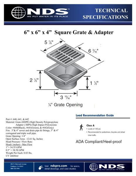 NDS 6 in. Square Plastic Grate with Low-Profile Adapter Drain Tech Spec