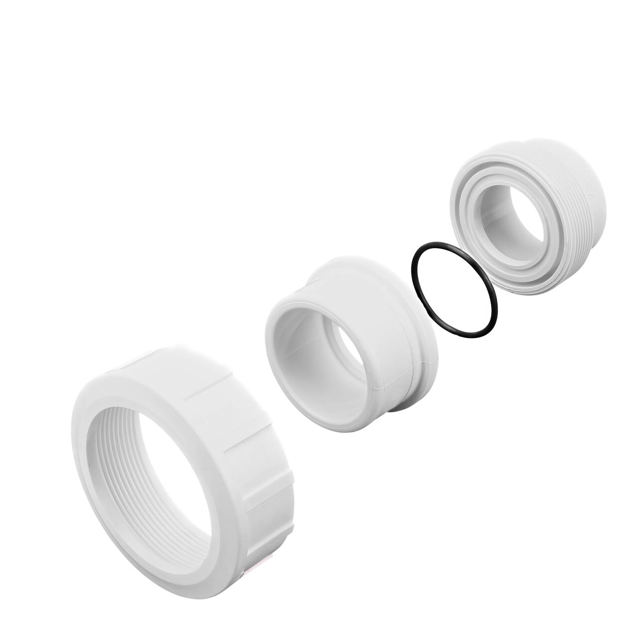 NDS PVC Union, 2 in. Sch. 40 S X S shown here unassembled includes the EPDM O-ring that is placed in the center of the union to create a leak-resistant seal (NDS WU-2000-S)