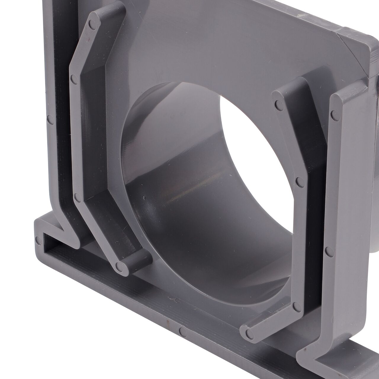 Closeup of the locking mechanism of the NDS Gray Mini Channel™ Drain End Outlet (NDS 546)