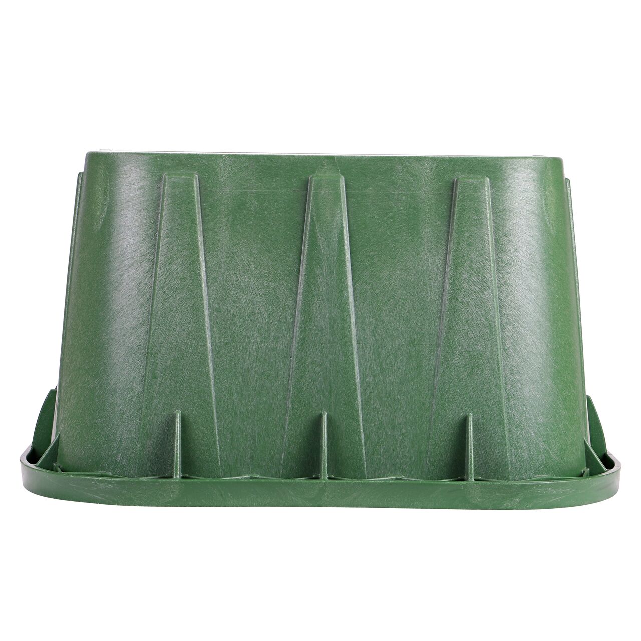 Side view of the non-pipe hole side on the NDS Green plastic 14 in. X 19 in. Rectangular Pro-Spec® Series Valve Box (NDS 314B) showing durability through the reinforced ribs and edging