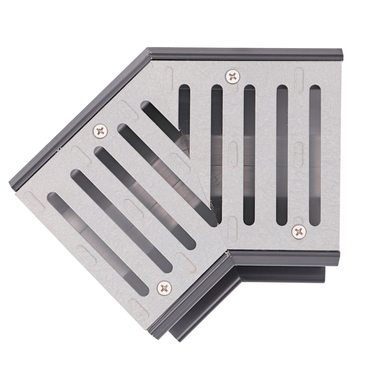 Alternate Top down view of grate shape and design of the NDS Spee-D® Channel Drain and Grate with 45° Elbow, Gray Plastic (NDS 2301)