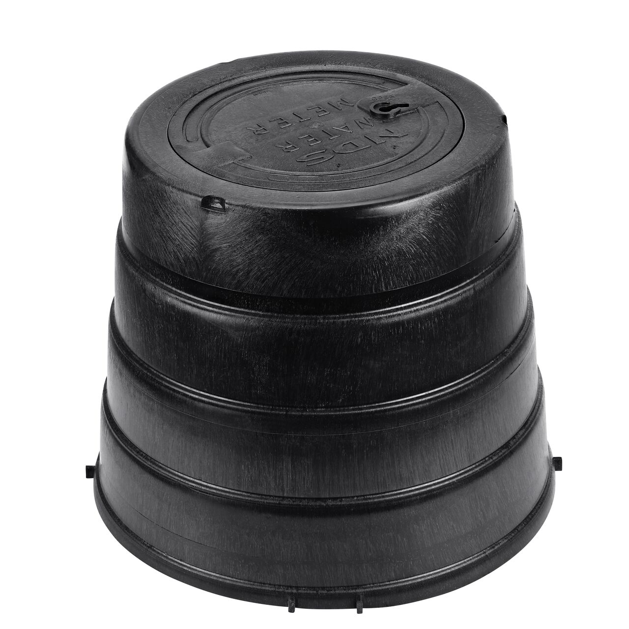 The assembled NDS 16 in. Round Standard Series Meter Box and Cover with a black box and black water meter cover (NDS D2400-18LOCSB)