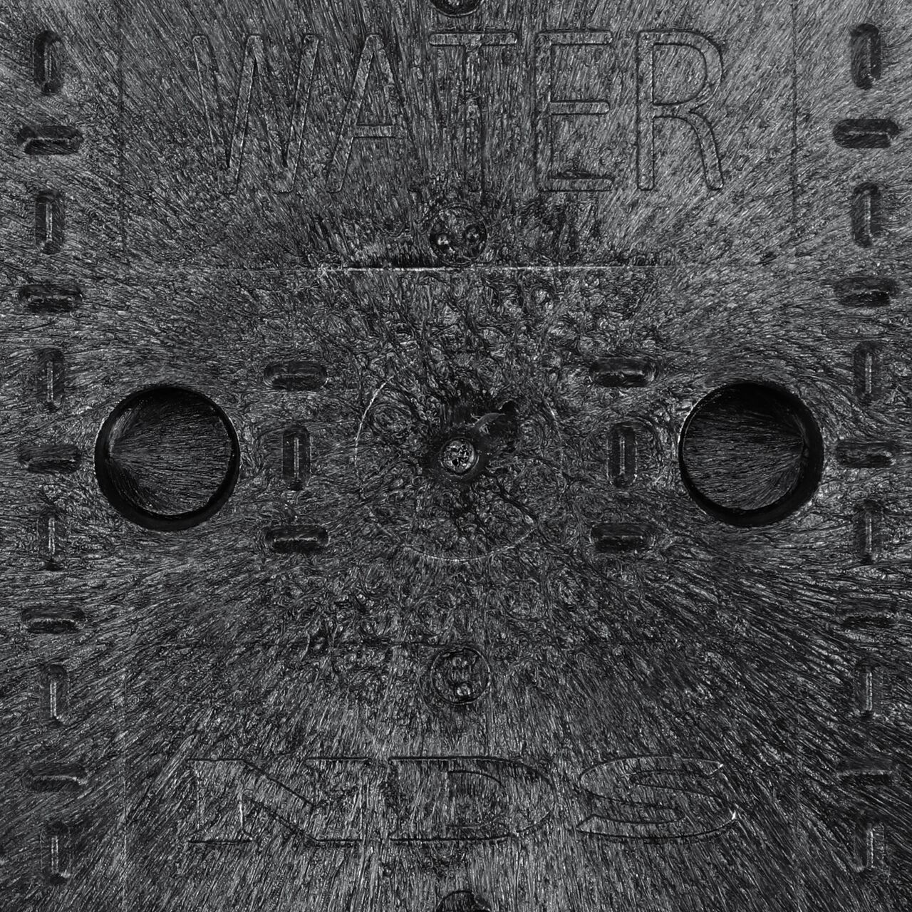 Closeup view of the Water markings on the Black Water cover for the NDS 10 in. Round Standard Series Valve Box (NDS 111BCW)
