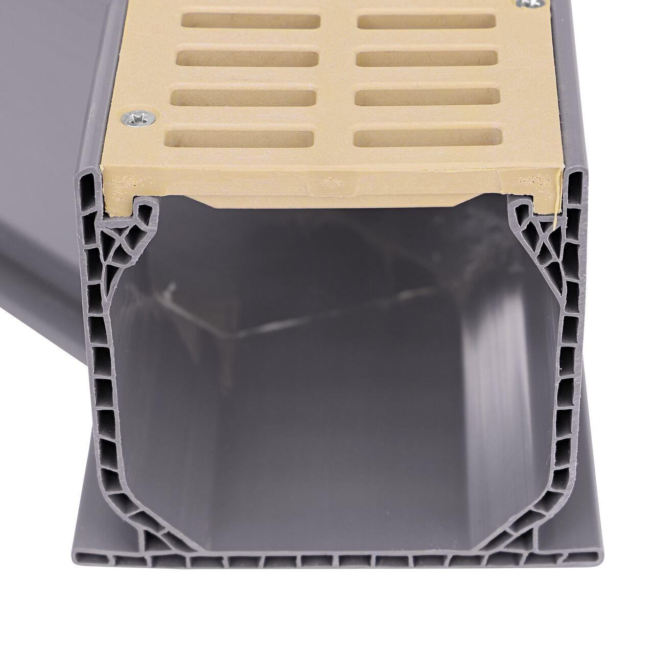 Closeup of the top of the opening showing the grate design of the NDS Sand Mini Channel™ Drain 45 Degree Elbow and Grate (NDS 5303)