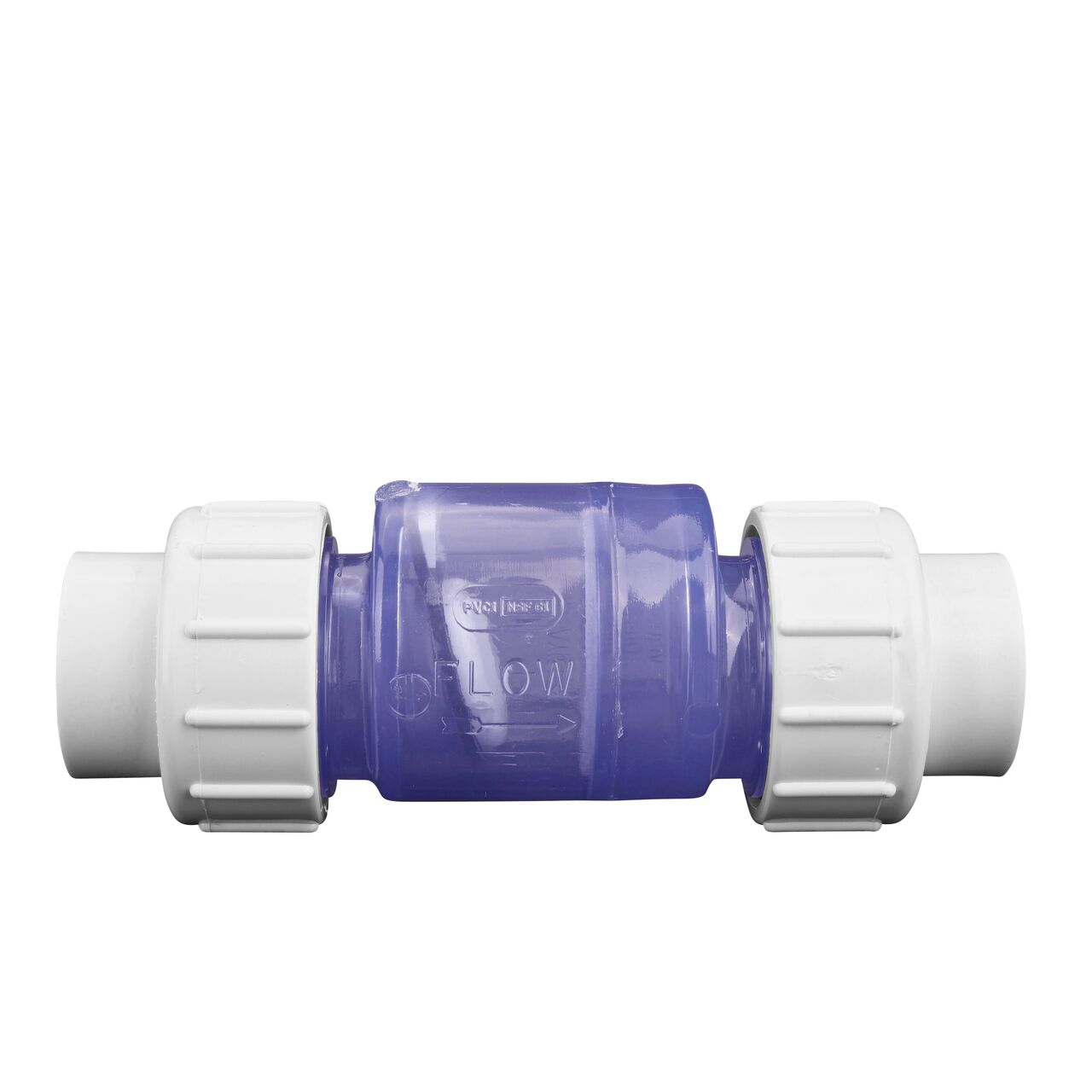 Side view of the NDS Clear 1 in. IPS U X U PVC True Union Swing Check Valve (NDS 1720C10)