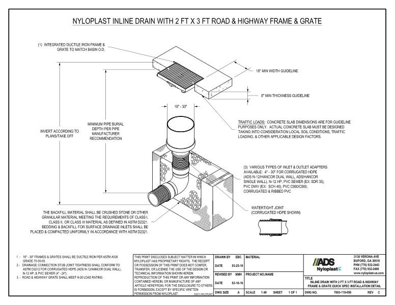 Inline Drain with 2' x 3' Road & Highway Frame & Grate Quick Spec Installation Nyloplast Detail