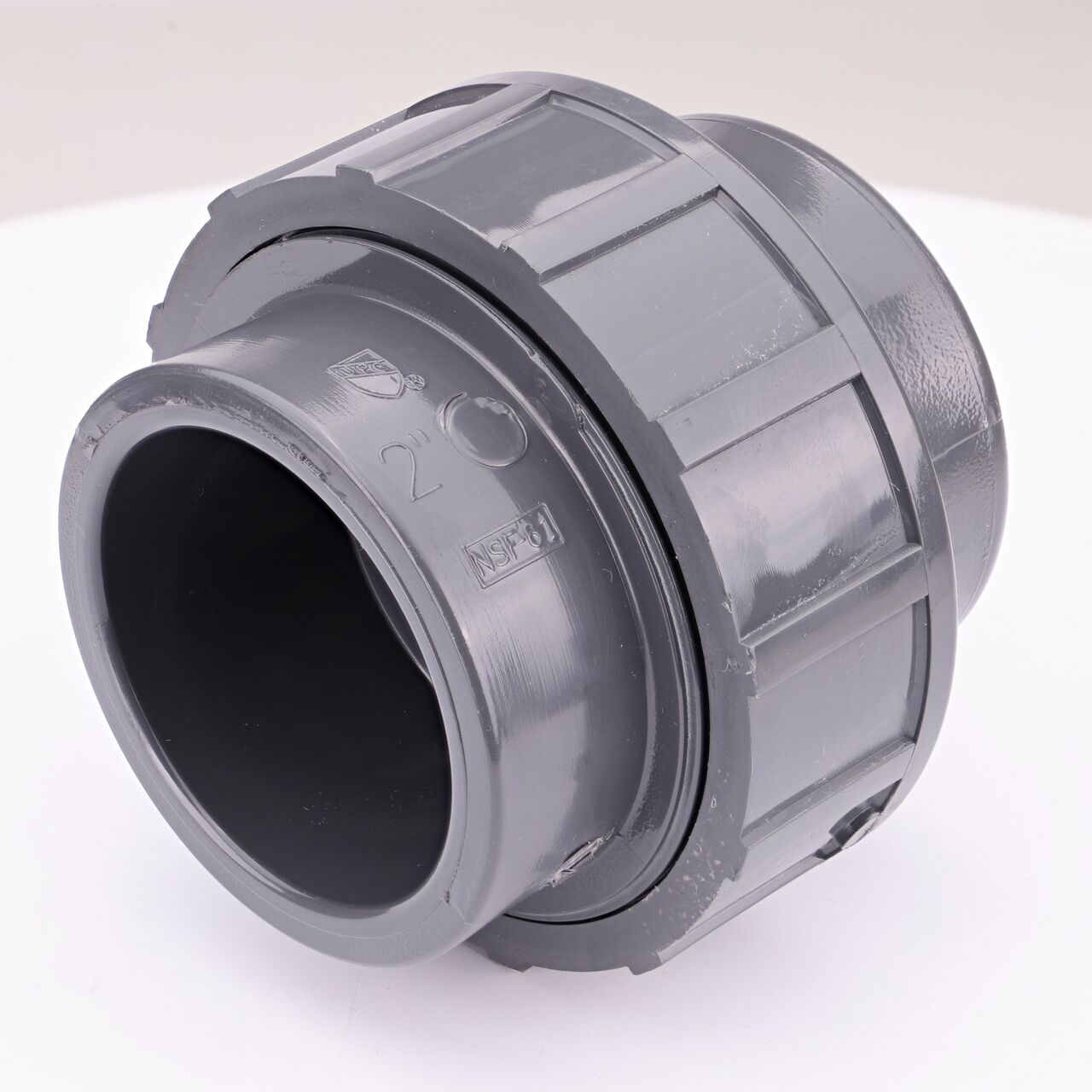 The NDS 2 in. PVC Union connects two 2 in. schedule 80 pipes to create a leak-resistant connection without the need for traditional glued sealant (NDS U-2000-S)