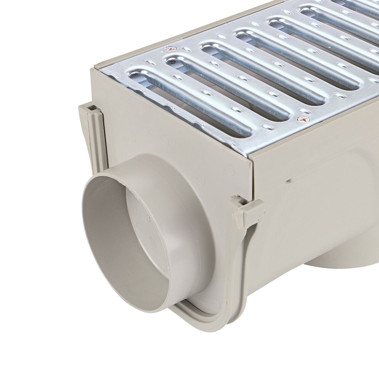 Closeup view of the female end on the NDS Steel Grate 5 in. Pro Series Channel Drain Kit with the end outlet installed (NDS 864GMTL)