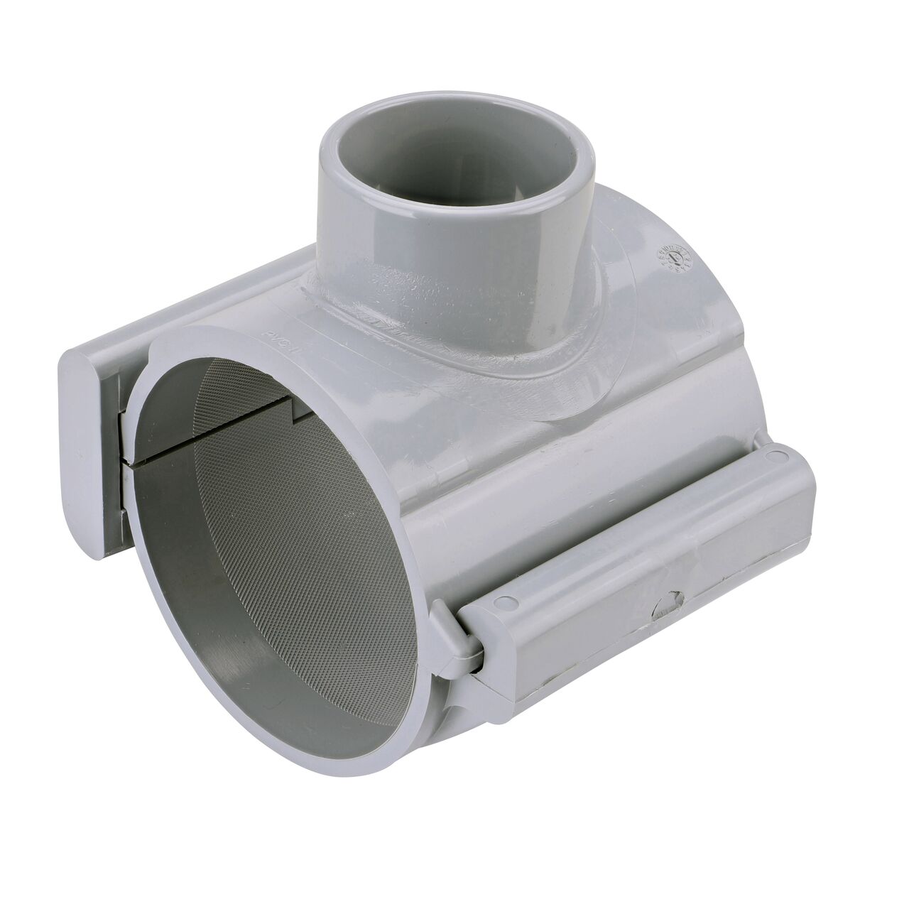 The NDS Clamp-It™ Rigid PVC Saddle with 2 in. slip connection on top (NDS 454020) for 4 in. PVC pipe has a patented wedge design on one side and hinge on the other to install a sprinkler irrigation system to existing pipe without any bolts