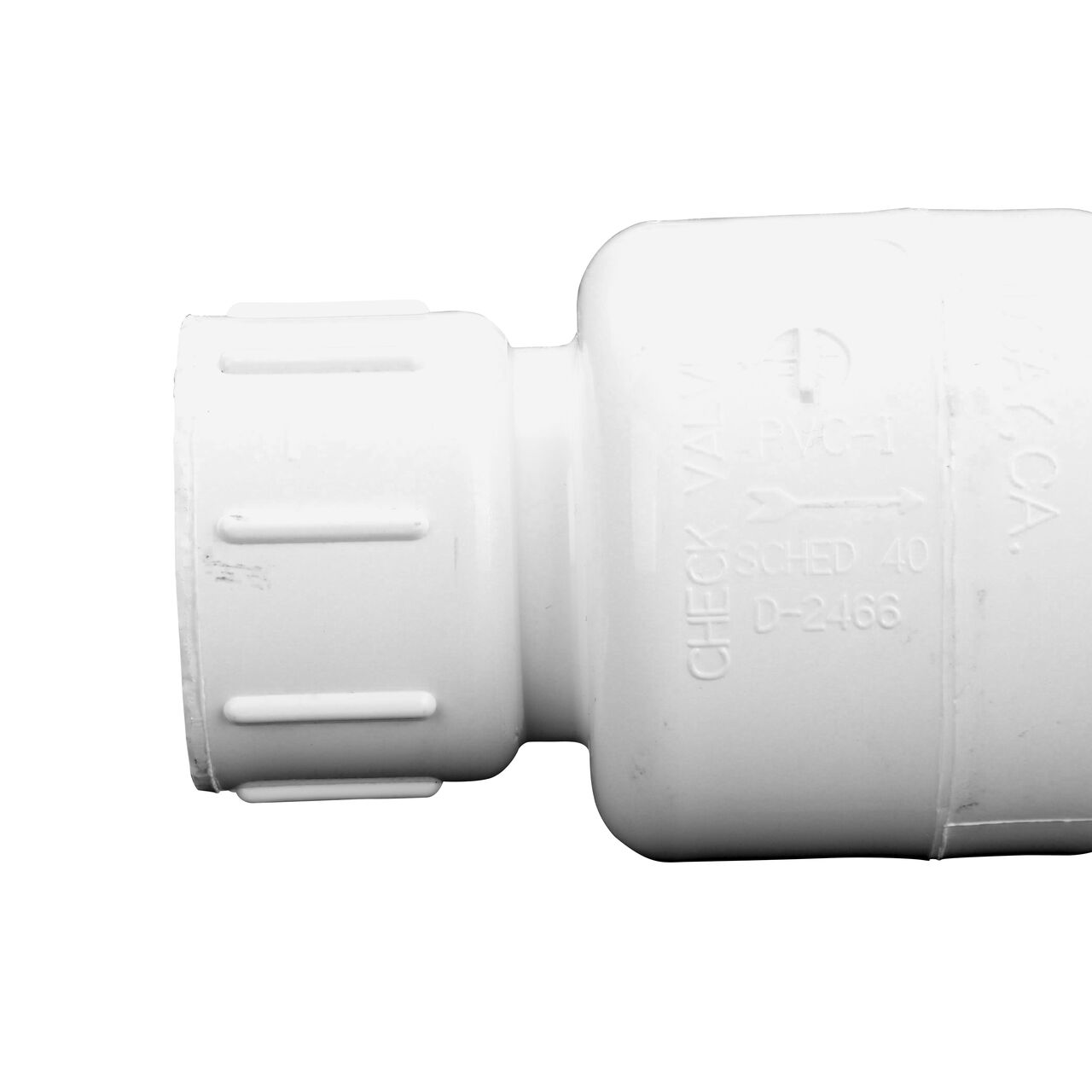 Closeup of the arrow showing water flow on the NDS White 1 in. IPS FPT X FPT PVC Adjustable Spring Check Valve with 4-1/8-17 lb. Spring (NDS 1205-10)