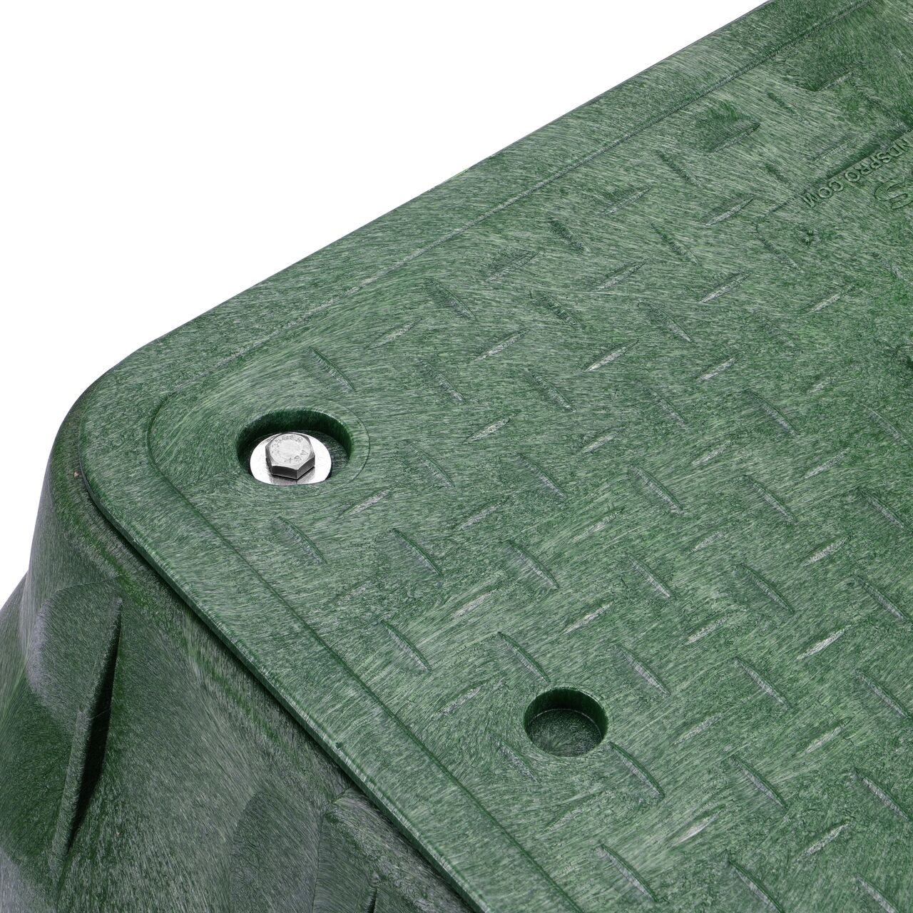 Closeup view of the NDS logo and Water markings on the Green Water cover for the NDS 13 in. X 24 in. Rectangular Pro-Spec® Series Valve Box (NDS 321BCBW)