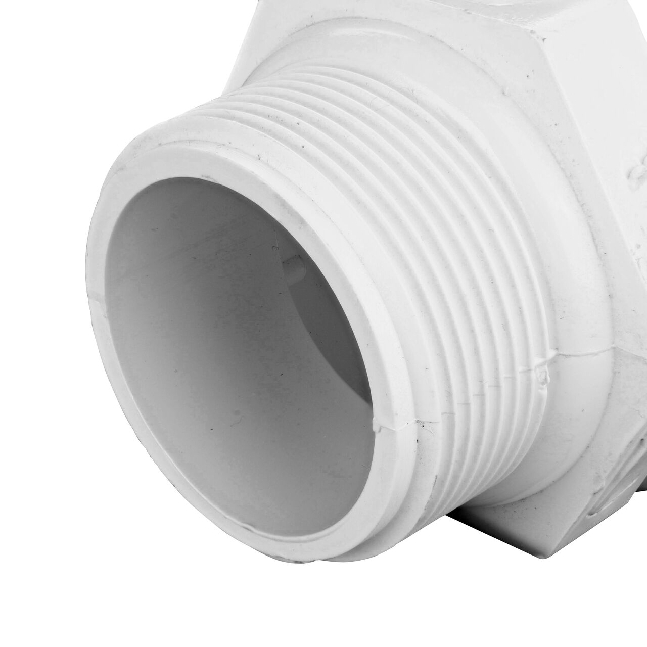 Closeup of the Threaded CTS MPT connection end on the NDS 1 1/2 in. Flo-Lock™ PVC Gripper Adapter, 1-1/2 in. CTS X 1-1/2 in. CTS MPT (NDS 235-15)