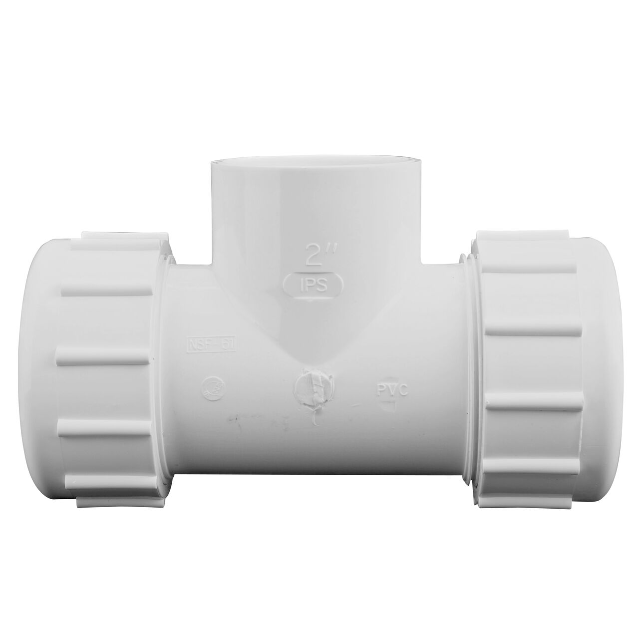 The NDS PVC Threaded Tees has adjustable nut on each compression end that connect onto 2 in. IPS pipe ends and one slip end that slides onto a 2 in. IPS pipe end to provide a corrosion-free connection (NDS CPT-2000-S)