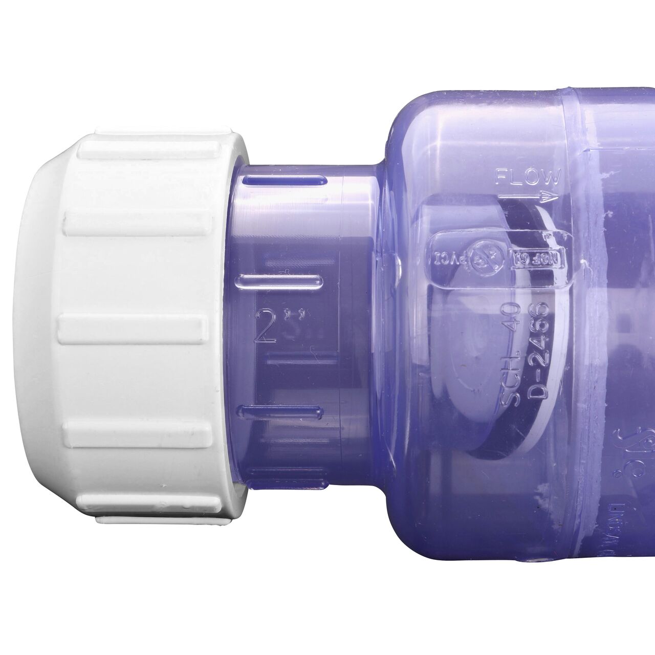 Closeup of the arrow showing water flow on the NDS Clear 2 in. compression fitting end by compression fitting end PVC Compression Swing Check Valve (NDS 1500C20)