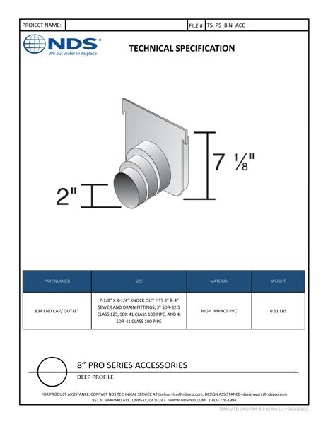 NDS 8 in. Pro Series™ Channel Drain End Cap/Outlet Tech Spec