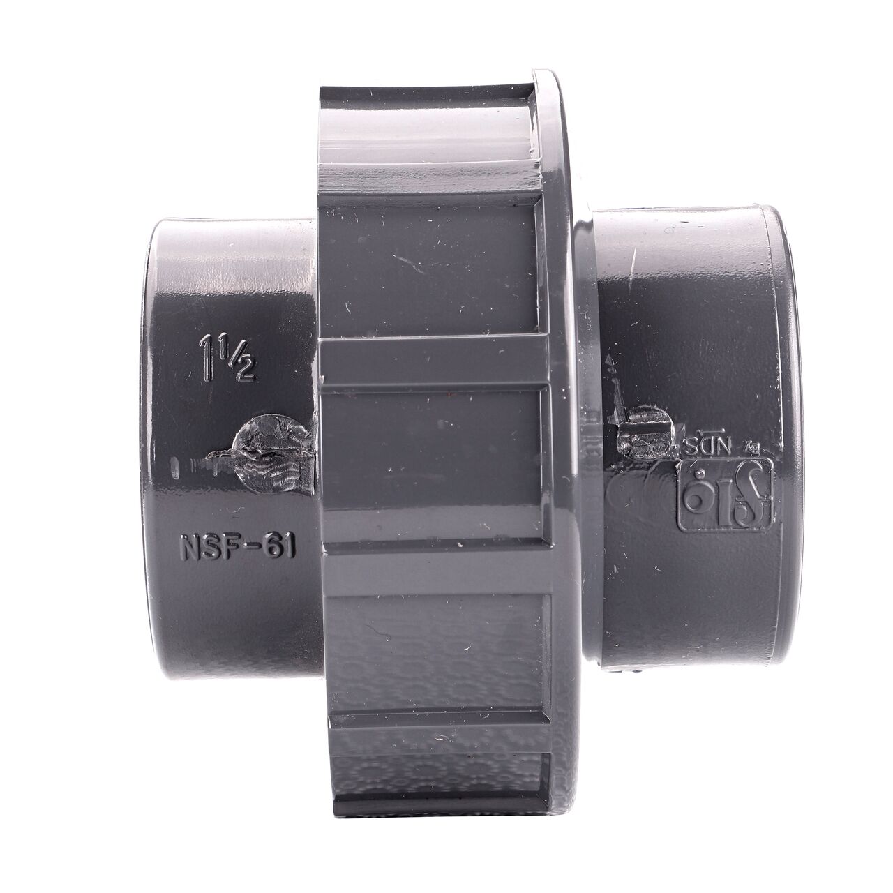 Side view of the NDS 1-1/2 in. PVC Union (NDS U-1500-T) shows both threaded ends and a pull-apart feature to quickly disconnect from pipes