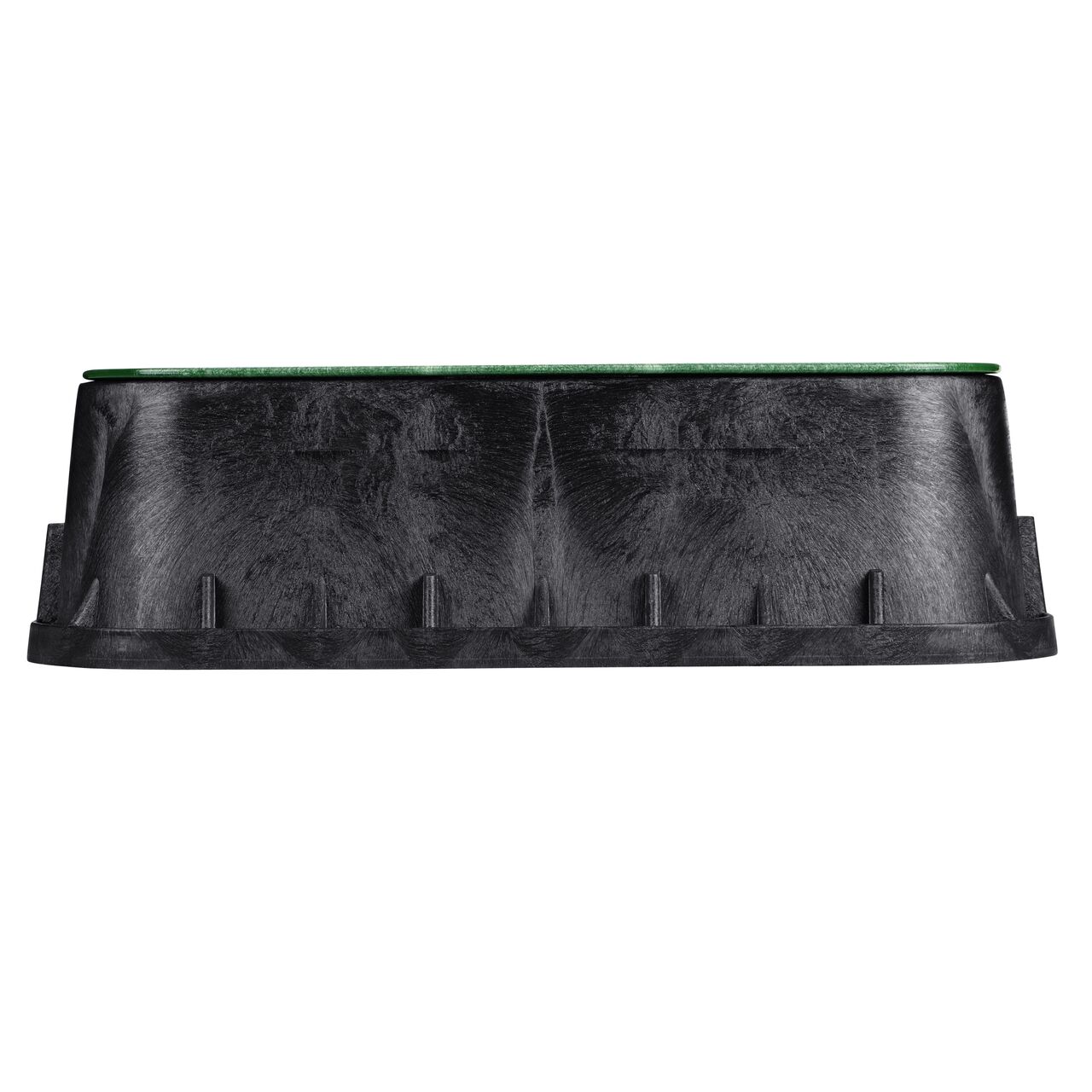 Side view of the longer length side of the NDS 13 in. X 20 in. Rectangular Standard Series Jumbo Tapered Extension Valve Box & Irrigation Control Valve Cover (NDS 119TBC) which is engineered for superior strength with structural reinforcing ribs