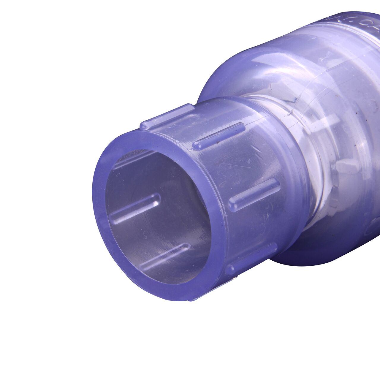 Closeup of the non-sloped end of the slip NDS Clear 1 in. slip end by slip end PVC Spring Check Valve (NDS 1011C10)