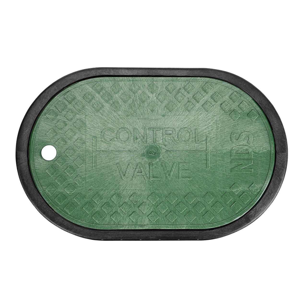 Top down view of the underside side of the Green Control Valve cover (NDS M4-SG) for the NDS 8 in. X 14 in. Oval Standard Series valve box , showing reinforcing ribs that are load rated to withstand pedestrian traffic and the rigors of lawn care equipment