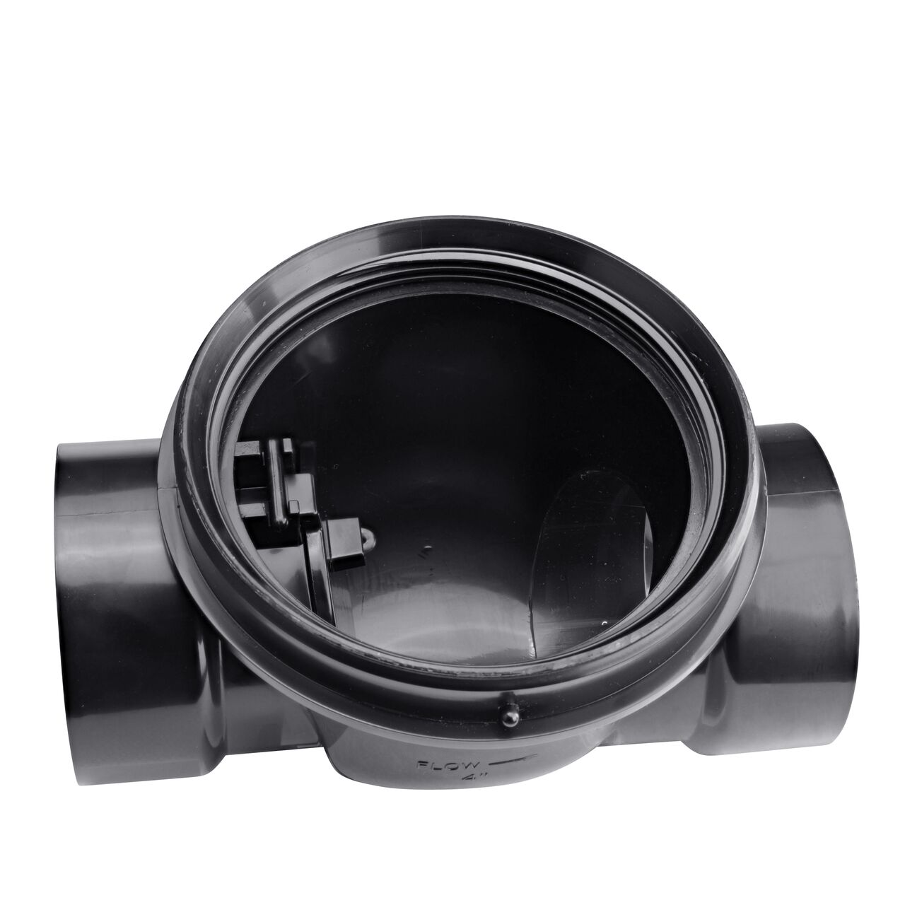 The flapper closed inside of the NDS Black 4 in. ABS Backwater Valve (NDS 475) controls the flow of water