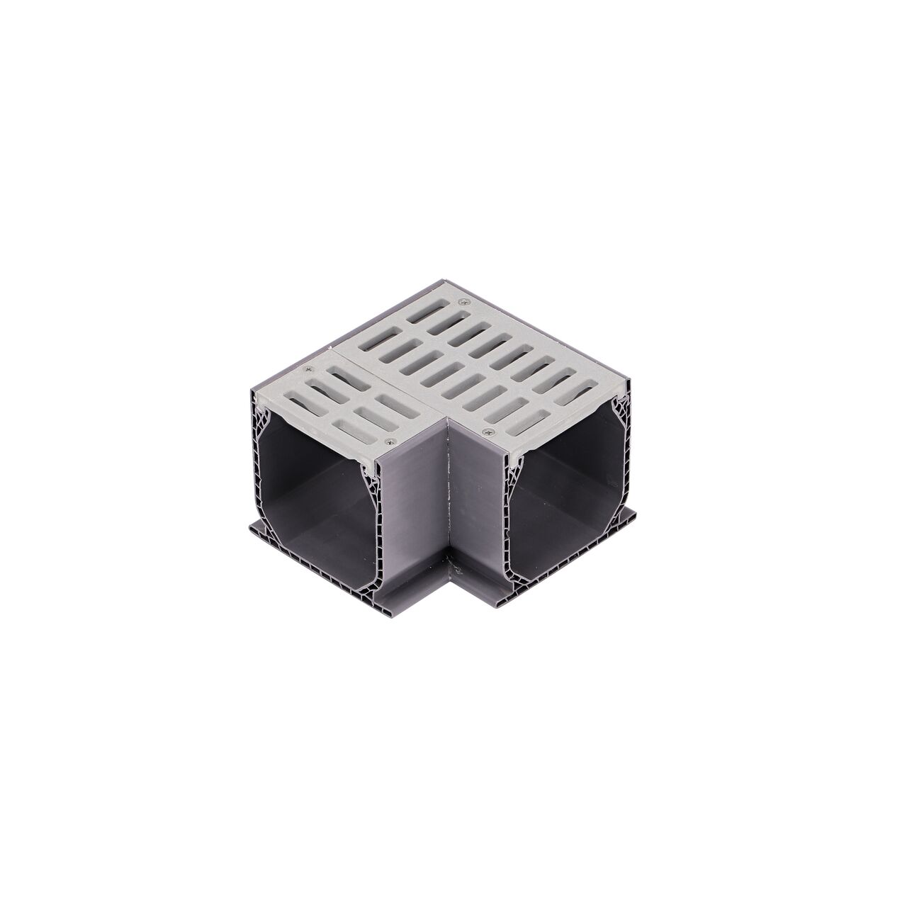 Uninstalled NDS Gray Mini Channel™ Drain 90° Elbow and Grate (NDS 5380)