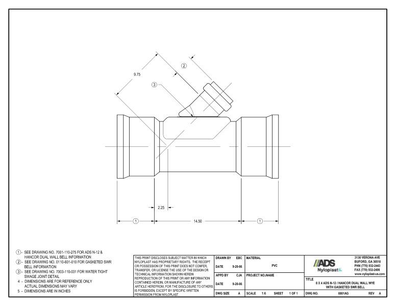 8 x 4 N-12 Dual Wall Wye with Gasketed SWR Bell Nyloplast Detail