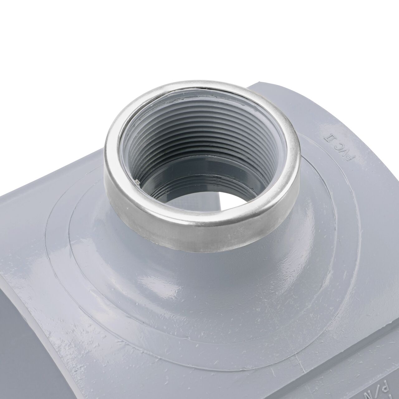 Closeup of the 1-1/2 in. FPT connection on the NDS Clamp-It™ Rigid PVC Saddle (NDS 446015) for 6 in. PVC pipe