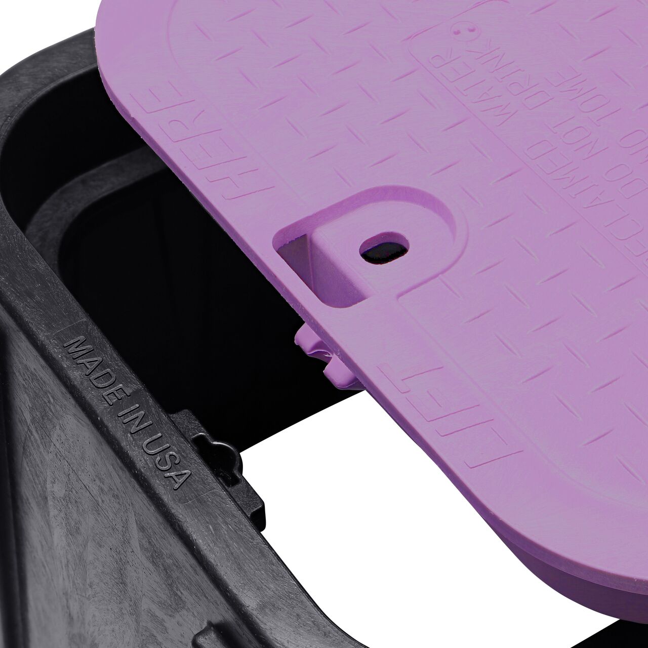 Align the bolt hole on the lid with the universal locking mechanism hole from the NDS 14 X 19 in. Rectangular Pro-Spec® Series Black Box and Purple Reclaimed Water Cover (NDS 313BCBR) for a secure fit
