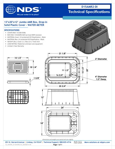 NDS 13 in. X 20 in. Rectangular Meter Box and Drop-in AMR Cover, 12 in. Height, Black Box, Black Water Meter Cover with Two 2 in. Touch Reader Holes, 4 in. Recess Tech Spec