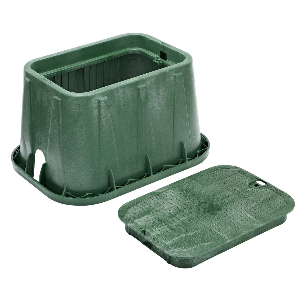 Unassembled View of the NDS 14 X 19 in. Green Rectangular Pro-Spec® Series valve box, bolt, and Green Sewer Overlapping cover (NDS 314BC) with universal locking mechanism enabling a variety of bolts and screws to be used to secure the covers.
