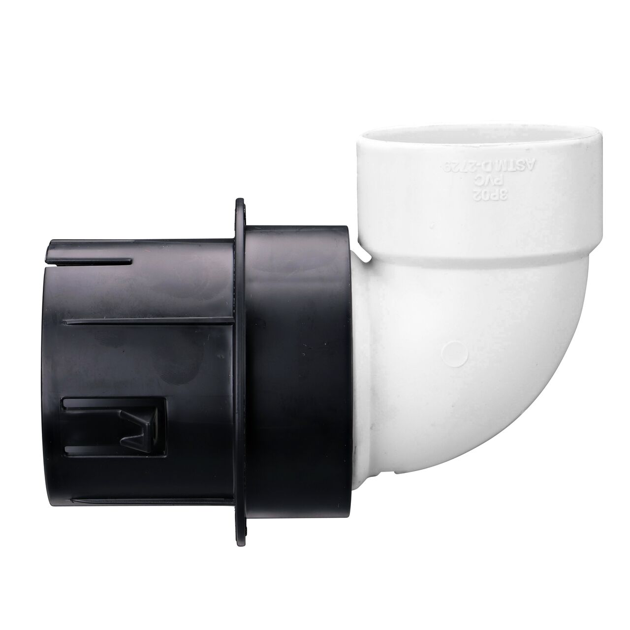 NDS Fitting Adapter (NDS 1241) connects to 3 in. PVC S&D 90° Elbow, 3 in. Hub X Hub (NDS 3P02)