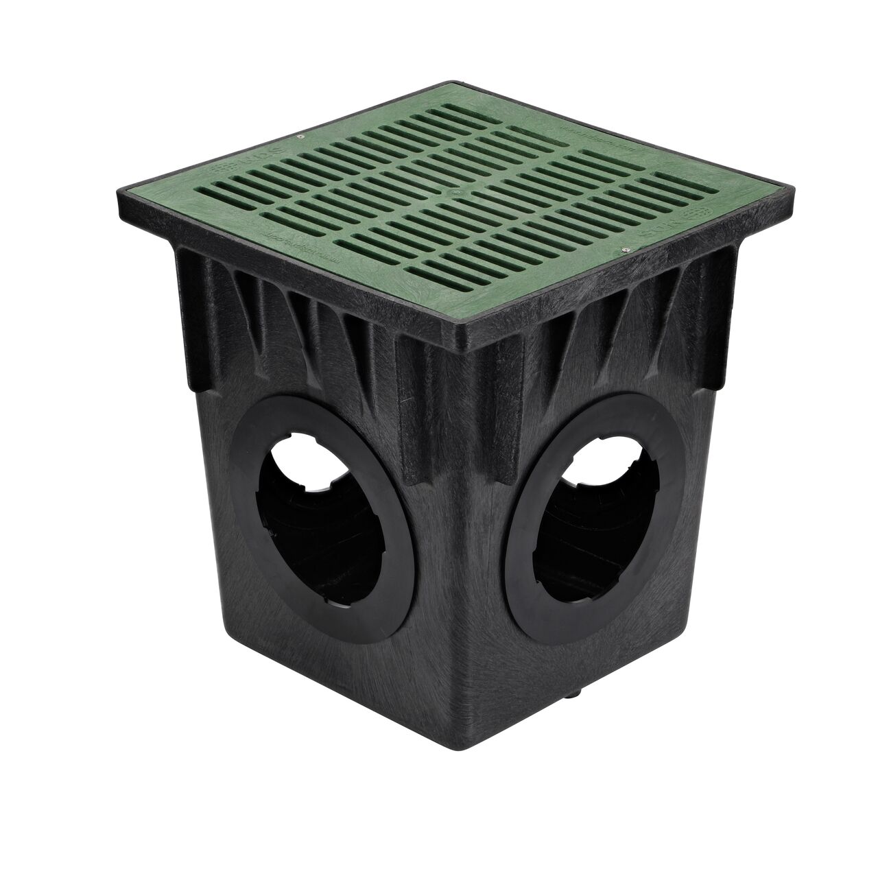Black plastic 18 in. Square Catch Basin Drain with 4 Openings (NDS 1884) with a 18 in. Square Green Catch Basin Grate (NDS 1812) installed