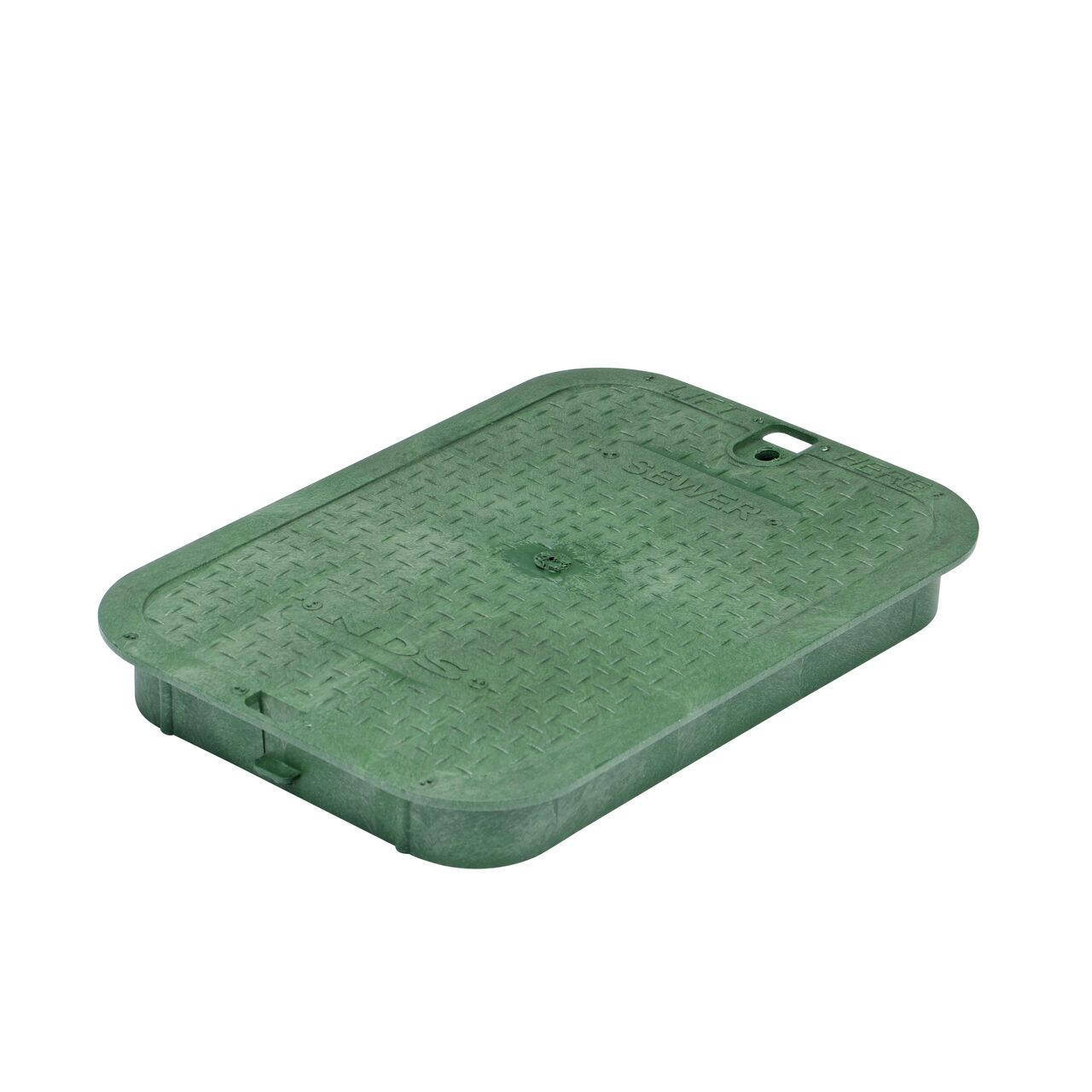This NDS 14 in. X 19 in. Rectangular Standard Series Valve Box Cover is a Green Cover with water markings on the lid and fits NDS standard series 14 in. X 19 in. valve boxes (NDS 113CS)