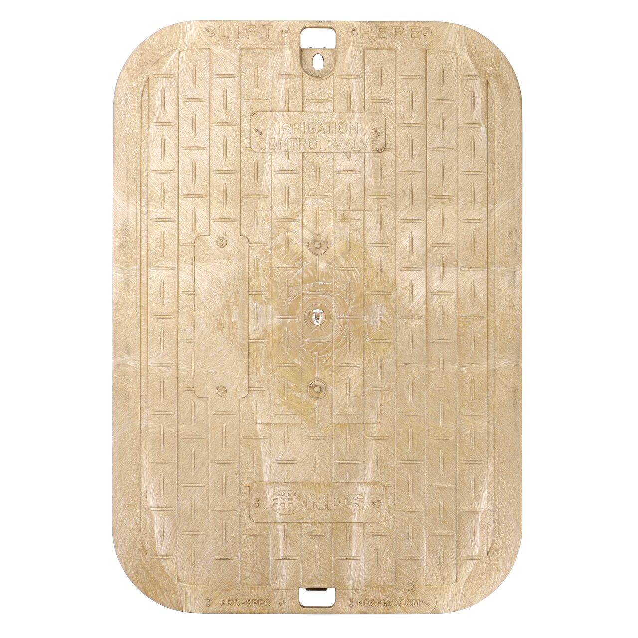 Top down view of the top side of the Sand Irrigation Control Valve overlapping cover (NDS 317CSAND) for the NDS 13 in. X 20 in. Rectangular Pro-Spec® Series