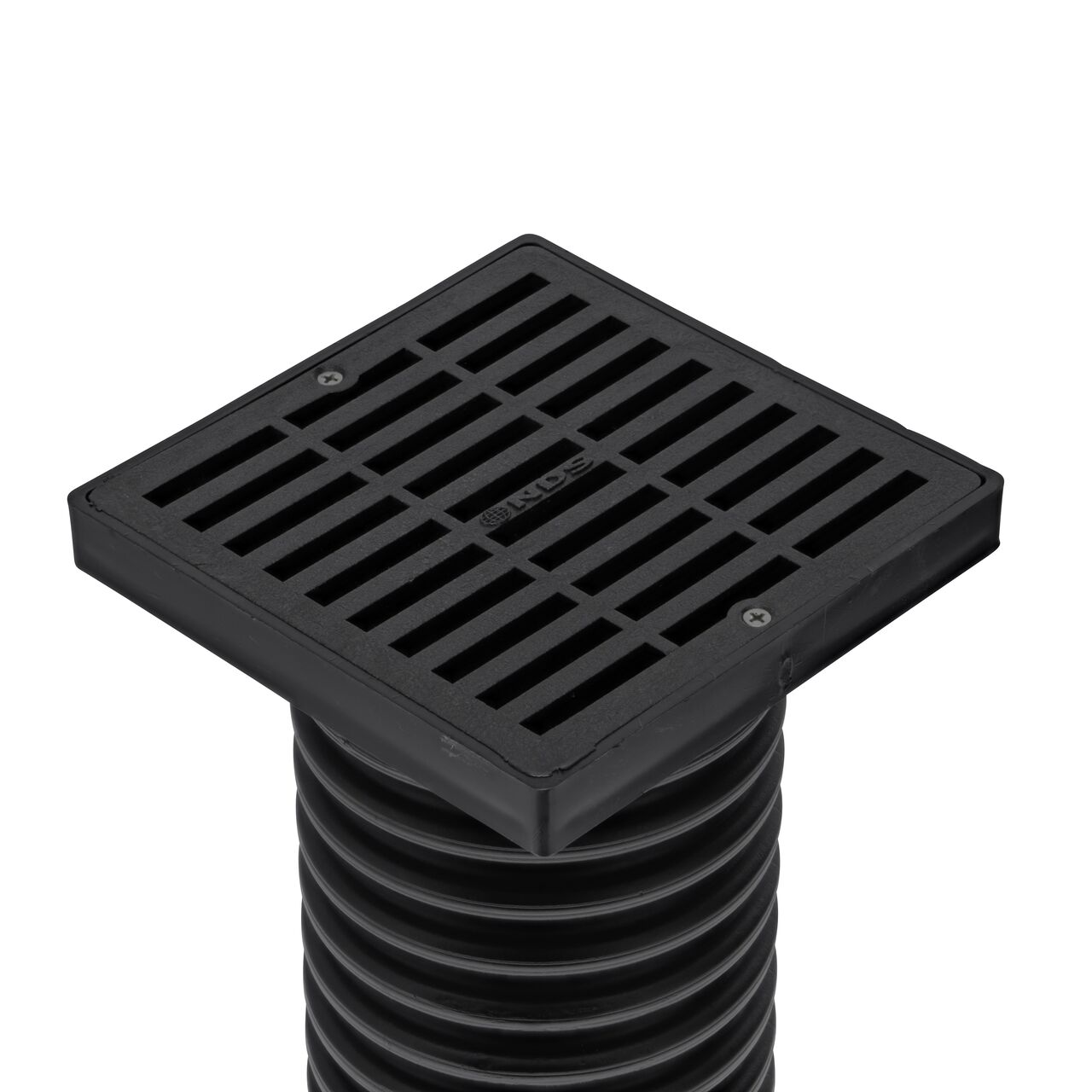 NDS 6 in. Square Grate with Low-Profile Adapter installed on 4 in. Single-Wall Corrugated Pipe (NDS 640*, NDS 640)