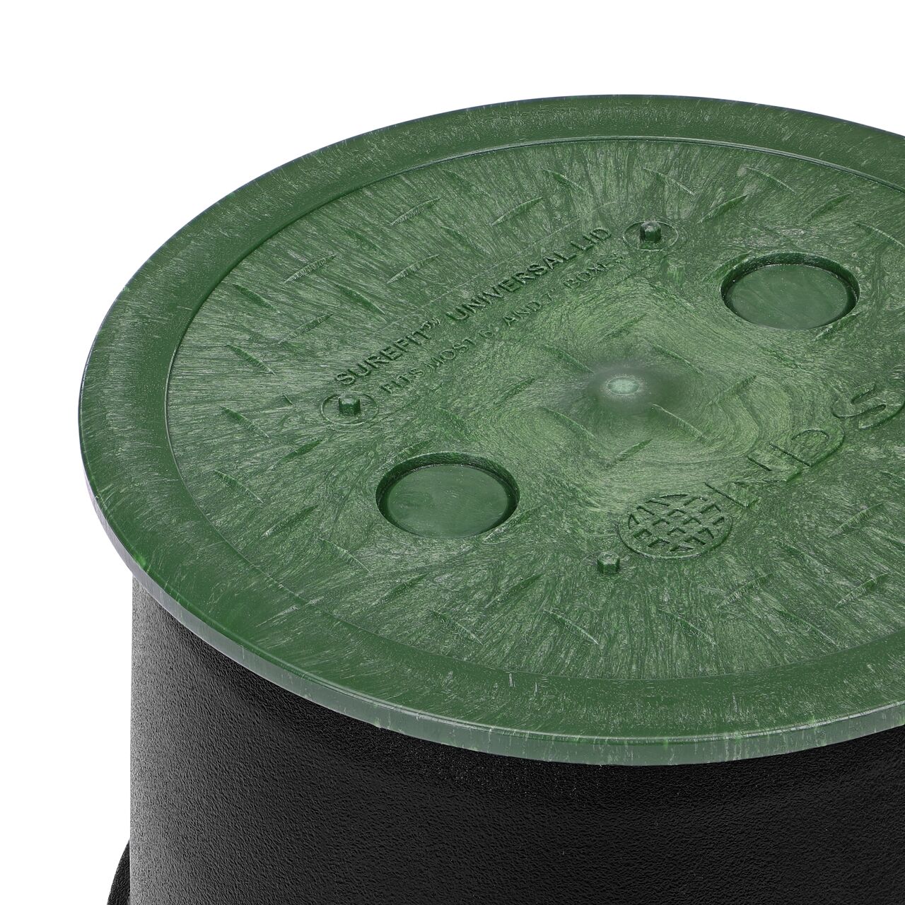Closeup of the 6 in. Round SureFit Universal Valve Box Lid (NDS 6RND-UC) installed on a Black Dura valve box