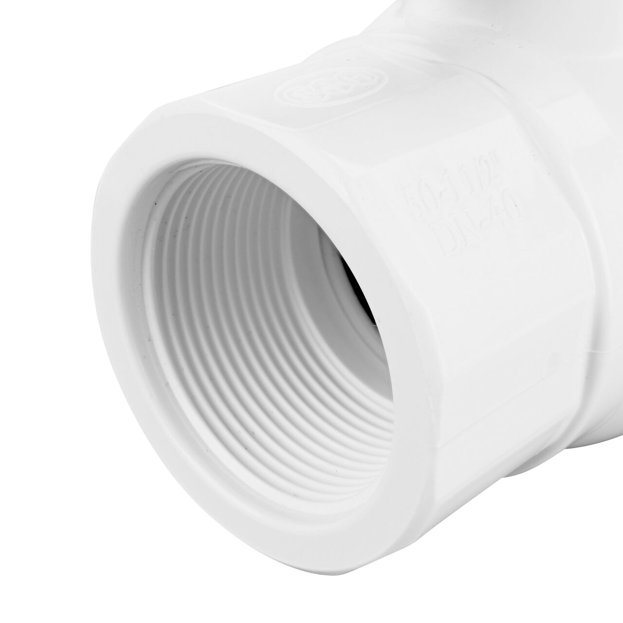 Closeup of the NDS IPS Ball Valve showing the stem that is made of durable PVC material (NDS E1420-15)