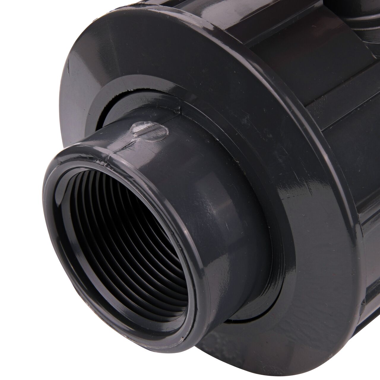 Close up view of the threaded end on the 1-1/4 in. PVC Slip & Threaded True Union Ball Valve (NDS BTU-1250-E) and how it connects to 1-1/4 Schedule 80 pipe