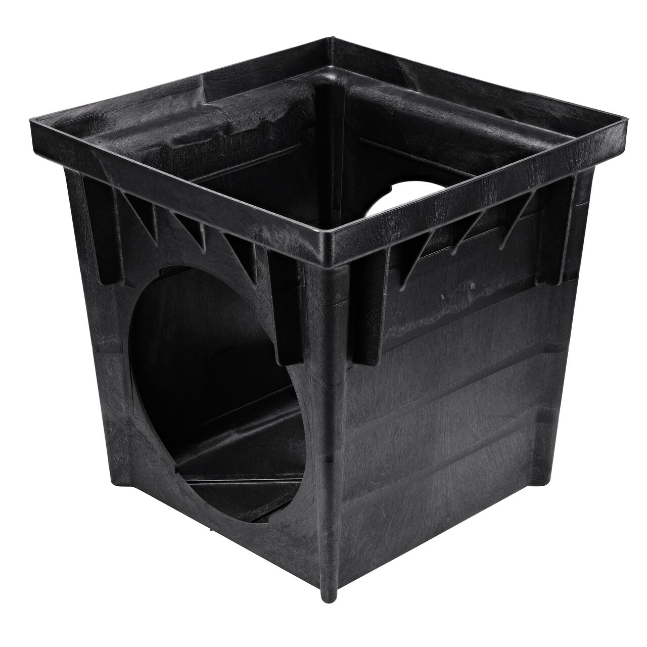 Black plastic 24 in. Square Catch Basin Drain with 2 Openings (NDS 2400) drains water away through attached pipes