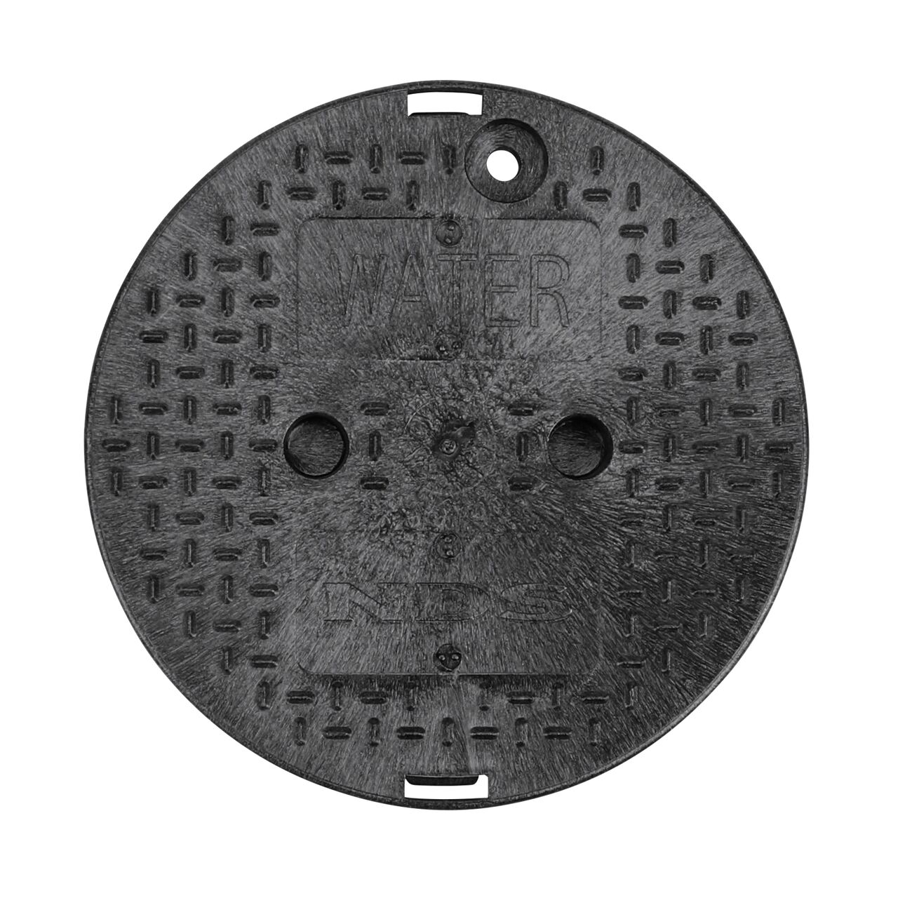 Top down view of the top side of the Black Water cover for the NDS 10 in. Round Standard Series (NDS 111BCBW) shows markings, two finger slots to twist and remove lid